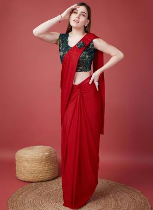 Red Ready To Wear Party Saree with Blouse