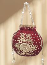 Regal Red Velvet Potli with Gold Embroidery & Pearl Handle