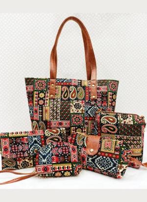 Multicolor  Ikkat 5 Piece Hand Bag