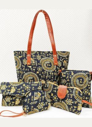 Navy Blue Ikkat 5 Piece Hand Bag