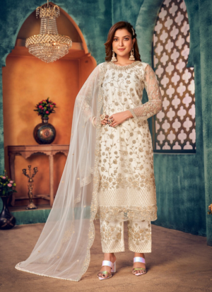 Offwhite Embroidered Straight Salwar Kameez