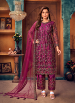 Purple Florals Embroidered Straight Salwar Kameez