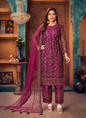 Purple Florals Embroidered Straight Salwar Kameez