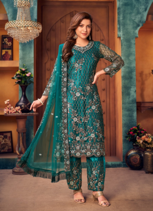 Turquoise Florals Embroidered Straight Salwar Kameez