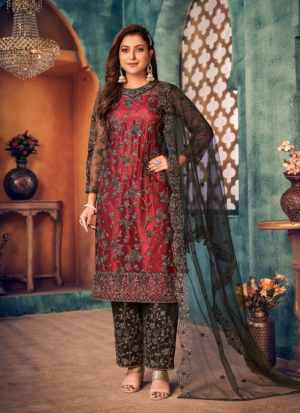 Maroon and Black Florals Embroidered Straight Salwar Kameez