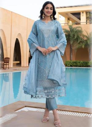 Light Blue Silver Embroidered Tunic Set