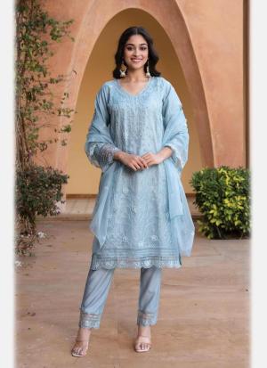 Light Blue Floral Embroidered Tunic Set