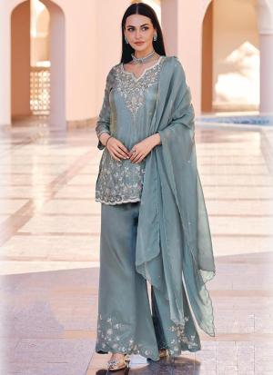 Light Blue-Green Floral Embroidered Tunic Set
