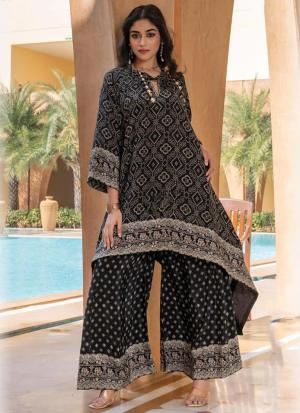 Black & Beige Embroidered Tunic Set