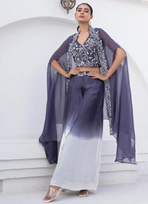 Dark Blue Embroidered Gradient Skirt Set