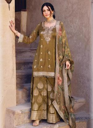 Olive-Green Gold Embroidered Tunic Set