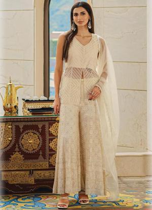 Cream Embroidered Sleeveless Set