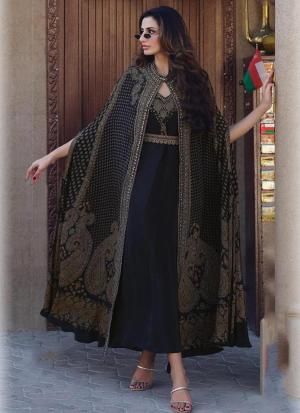 Black & Gold Embroidered Cape Dress