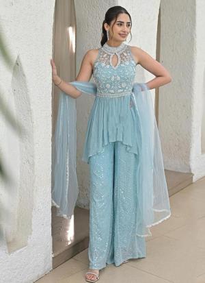Sky Blue Elegance Embroidered Georgette Ethnic Set.