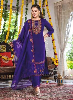Deep Purple Emroidered Straight Salwar Kameez