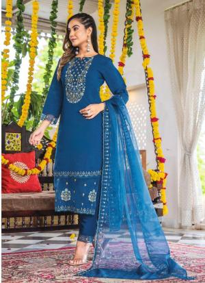 Deep Blue Emroidered Straight Salwar Kameez