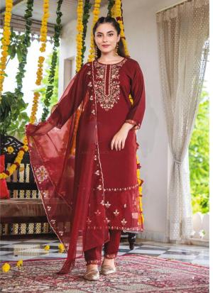 Maroon Emroidered Straight Salwar Kameez
