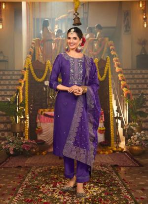 Deep Purple Emroidered Straight Salwar Kameez
