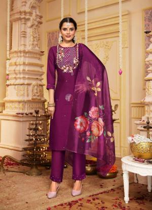 Wine Embroidered Straight Salwar Kameez