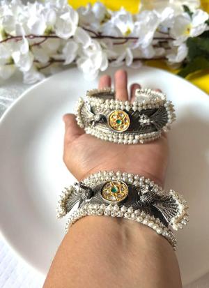 Silver Pearl Bracelets with Gold and Green Gemstone