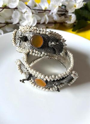 Silver Pearl Bracelets with Amber Stone