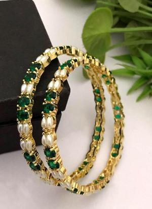 Gold Pearl Bangles with Green Gemstones