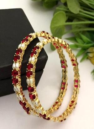 Gold Pearl Bangles with Red Gemstones