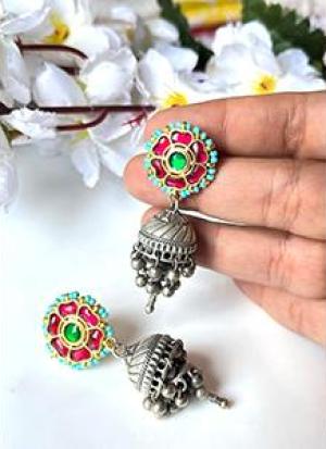 Red And Blue Oxidised Earrings