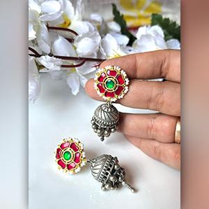 White And Red  Oxidised  Earrings