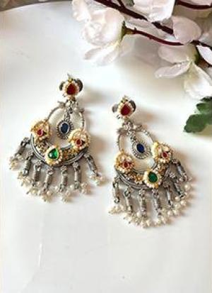 Blue And Red Oxidised Earrings
