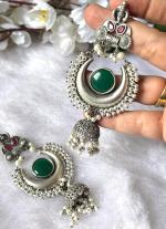 Moon Earrings with Green & Red Gemstones