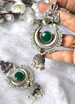 Moon Earrings with Green & Red Gemstones