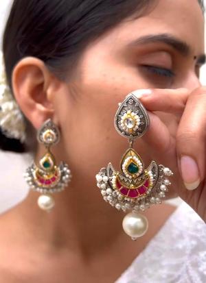 Earrings with Green & Red Gemstones | Traditional Pearl