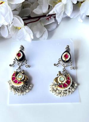 Crescent Moon Gold Earrings with Red & Green Gemstones