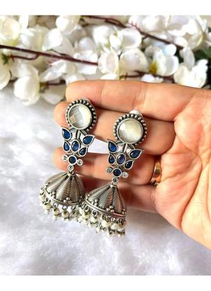 Silver Dome Earrings with Blue Gemstones