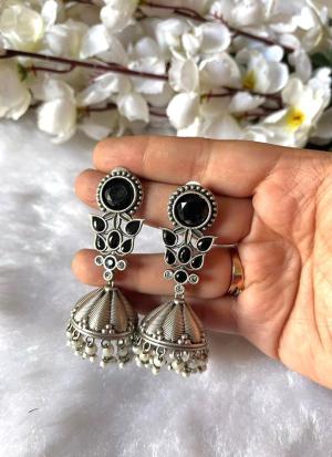 Silver Dome Earrings with Black Gemstones
