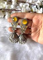 "Silver Dome Earrings with Yellow Gemstones
