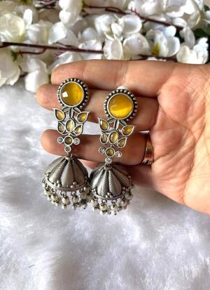 "Silver Dome Earrings with Yellow Gemstones