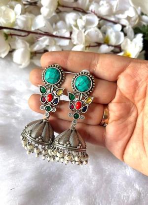 Silver Dome Earrings with Turquoise & Multicolored Gemstones