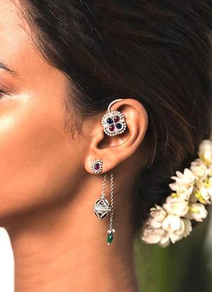 Ear Cuff with Multicolored Gemstones & Chain Accents