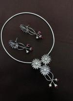 Floral Silver Necklace & Matching Earrings with Red Gemstone Buds
