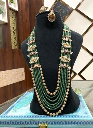 Multi-Strand Green Beaded Necklace & Matching Earrings\