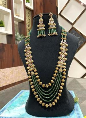 Multi-Strand Dark Green Beaded Necklace & Earrings