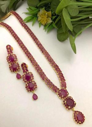 Pink Gemstone & Gold Bridal Necklace Set with Matching Earrings