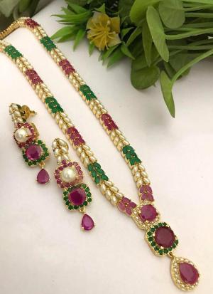 Green & Pink Gemstone Gold Necklace Set with Matching Earrings