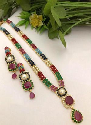 Multicolor Gemstone & Pearl Gold Necklace Set with Matching Earrings