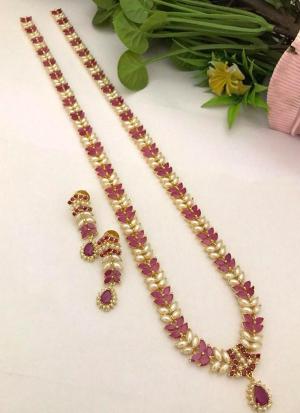 Pink & White Gemstone Gold Necklace Set with Matching Earrings