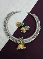 Silver Necklace & Matching Earrings with Gold Dome Accents