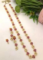 Pink Floral Gemstone & Classi Gold Necklace Set with Matching Earrings