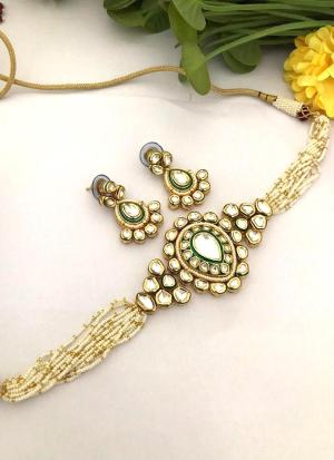 Gold Choker Necklace with White Beads & Green Gemstones